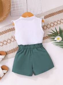 2pcs/Set Girls Casual Style White Embroidered Lace Vest And Green Ruffle Waist Shorts Outfit, Suitable For Outing, Vacation And Home Wear, Summer - White - View 2