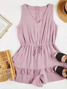Womens V Neck Beach Tank Rompers Flowy Ruffle Layered Shorts Jumpsuit High Waist - 粉色 - 查看 3