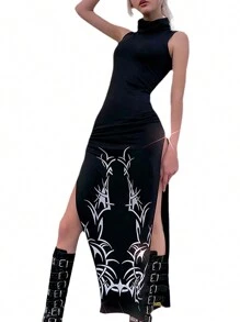 Womens Summer Sleeveless Long Dress Vintage Printing High Collar Slim Fit Split Dress - Negro - Ver 2