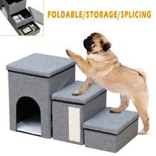 3 Steps Portable Dog Puppy Ladder Doggy Pet Soft Stairs Ramp Storage Boxes - Grey - View 1