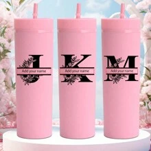 1入組個性化A-Z字母圖案16盎司純色塑料水瓶，客製化姓名飲用杯，適用於夏季和冬季飲料，扁平底部牛奶咖啡杯，旅行配件，節日伴娘新娘禮物 - 玫紅色 - 查看 3