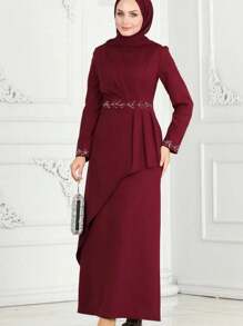 时尚女式优雅华丽水钻圆领束腰长袍连衣裙，端庄