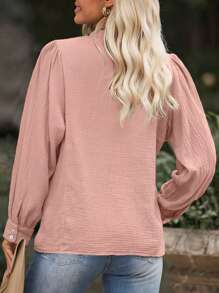 ASVIVID Women's Henry Shirt 2025 Lantern Sleeve Top V-Neck Button Pleated Texture Basic Shirt - Baby Pink - View 3