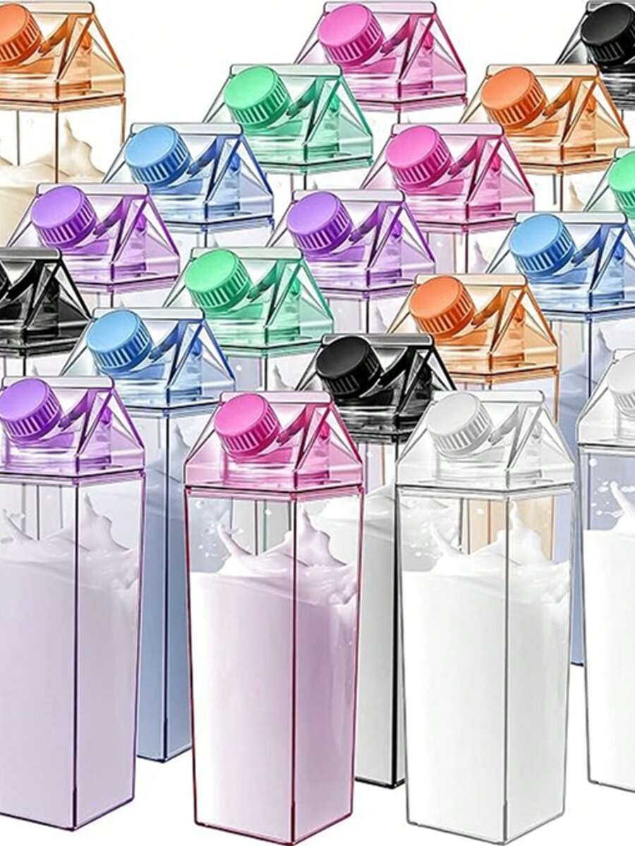 1 pièce, Bouteille d'eau de conception de carton de lait carré transparent, avec 39 couleurs ou motifs différents, 500 ml/750 ml/1 L, réutilisable, convient pour les sports, les sports de plein air, les voyages, l'école, , cuisine et restauration, lavage à la main uniquement