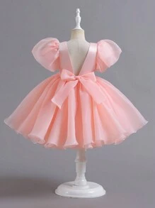 1pc Beautiful Puff Sleeve Toddler Girls Party Dress, Elegant V-Neck Backless Birthday Evening Gown With Puff Skirt, Suitable For Wedding, Pageant, Stage Performance, Banquet