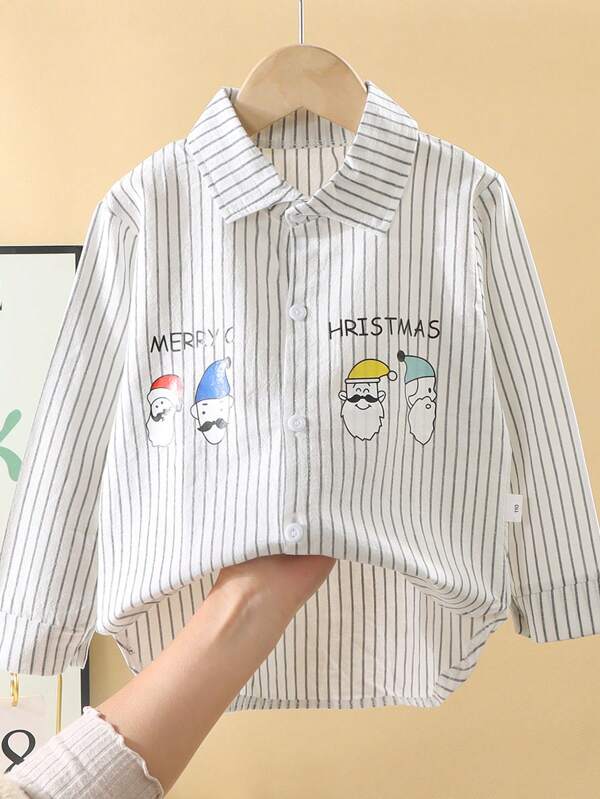 儿童酷炫时尚休闲白胡子条纹印花长袖衬衫