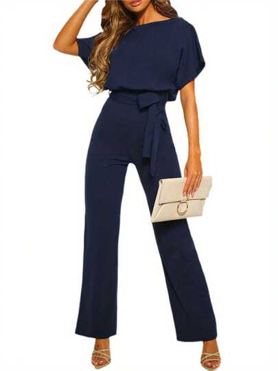 Jumpsuit For Women Short Sleeve Playsuit Clubwear Straight Leg Jumpsuit With Belt Streetwear