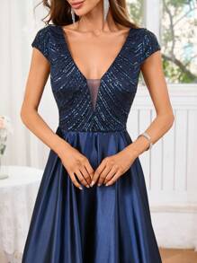 Women's Summer Satin High-Low V-Neck Formal Ball Gown Dress Prom Evening Wedding Guest Dress, For Graduation, Dinner, Party Dress - Navy Blue - View 7