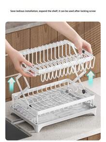 1 Kitchen Collapsible Dish Rack, Countertop Multi-Layer Dish Utensil Cup Drainer Rack, Dish Drying Rack For Kitchen Countertop, Double Layer Large Capacity Dish Drying Rack With Steel Drainer Plate, Dish Drying Rack With Drainer Shelf For Dish, Knives, Cups, Cutting Boards, Kitchen Supplies