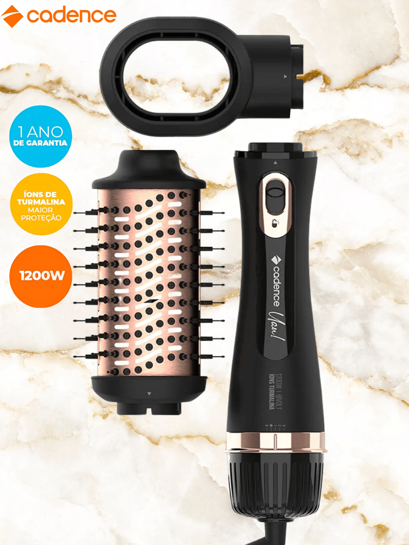 Hair Dryer Brush Straightener Curler With Dryer Nozzle Cadence Black And Rose ESC800 Bivolt 1200w Powerful Drying Curling Straightening Adding Shine For Straight And Curly Hair Volumizing - 黑色 - 查看 1