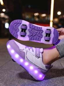 Women's Fashion LED Light-Up Roller Skates, Outdoor Sports Skateboard Shoes With 7-Color Lighting, Classic Stylish Student Ice Skates, USB Rechargeable , Low-Top Roller Skates, Breathable Inline Skates, Suitable For All Seasons - Purple - View 2