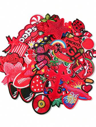 24pcs Mixed Design Embroidery Patches, Including Red Butterfly, Car, Sunglasses, OMG Letter, Star, Strawberry, Skateboard, Rainbow, French Fries, Etc. Cartoon Style Embroidered Sewing-On Patches For DIY On Clothes, Shoes, Bags, Etc.