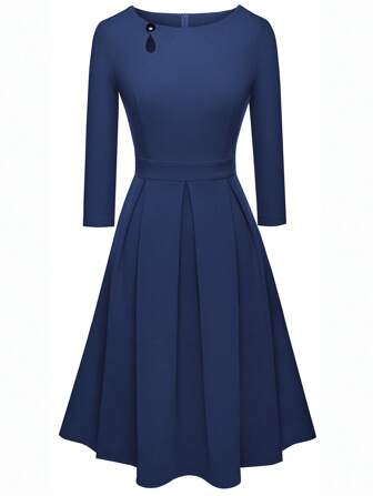 Women's Classic Vintage Round Neck Key Hole Pleated A-Line Dress