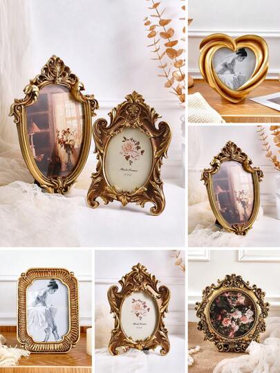 1 件复古金色相框，树脂复古欧式古典花卉装饰相框，室内舒适家居装饰照片展示，适合摄影展览和摄影道具