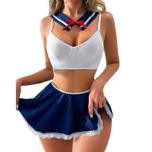 情人节性感学生妹角色扮演套装，情侣亲密角色扮演服装套装，性感女士内衣套装，夜店校服诱惑套装，领口+上衣+裙子+内衣 - 白色+藍色4件套裝 - 查看 5