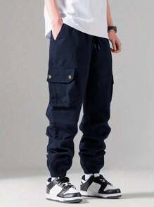 Shendy Vendy Pantalones Jogger Con Puños Y Cintura Elástica Con Cordón Y Bolsillos Inclinados Sueltos Para Hombre - Azul Cadete - Ver 4