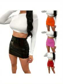 Womens Skinny Sequined Pencil Skirts Sexy Bright Leather Bodycon Mini Skirt Evening Party Clubwear Clothes - 紅色 - 查看 4