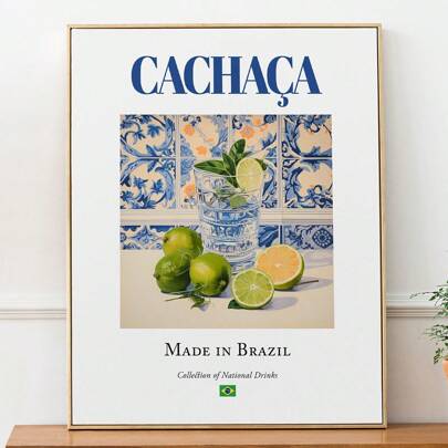 1 件，帆布挂画，实木框架装饰艺术，Maiolica 瓷砖上印有 Cachaça，巴西传统饮料（饮料）印刷海报，厨房和酒吧墙壁艺术，巴西狂欢节，节日装饰艺术。家庭节日墙壁氛围艺术品