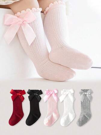 1 par flickor/småbarn enfärgade rosettdekorationer över knä-strumpor, skolstil