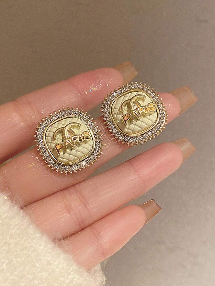 1pc Fashionable Rhinestone Letter Earrings, Luxury Elegant Personalized Earrings, New Style 2024 Popular - Small Fragrant Earrings - View 1