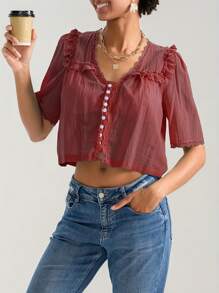 Women Short Sleeve Shirts Lace Ruffles Buttons Blouses Summer Loose Casual Tops - 紅色 - 查看 3