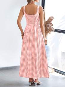 Women's Summer Long Skirt With Waist Waist And Thin Shoulders Plaid Square Collar A-Line Pleats Casual Holiday Sundress - 粉色 - 查看 2