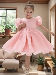 1pc Beautiful Puff Sleeve Toddler Girls Party Dress, Elegant V-Neck Backless Birthday Evening Gown With Puff Skirt, Suitable For Wedding, Pageant, Stage Performance, Banquet