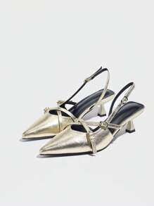 Women's Pointed Toe Stiletto High Heel Patent Leather Slip-On Slingback Summer Breathable Spring Autumn Work Shoes With Ankle Strap - Gold - View 4