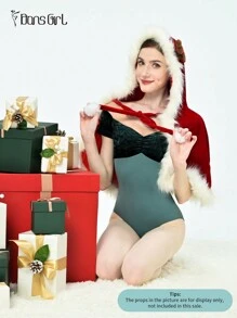 DonsGirl 1pc Women's Retro Palace Style Velvet Patchwork Short Sleeve Leotard - Ballet And Modern Dance Classical Performance Costume - Dark Green - View 4