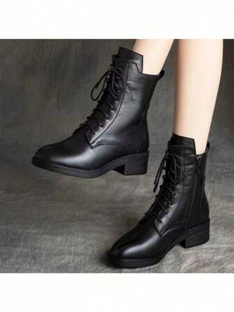 Women Solid Color Ankle Boots Lace-Up Combat Boots Casual Outdoor Walking Shoes