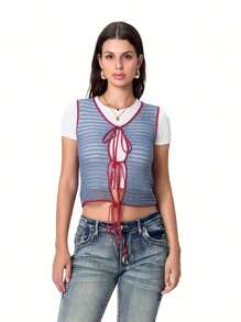 Women Crochet Cutout Tank Tops Casual Summer Tie Front Basic Vest Sleeveless Shirt Aesthetic Clothes For Streetwear
