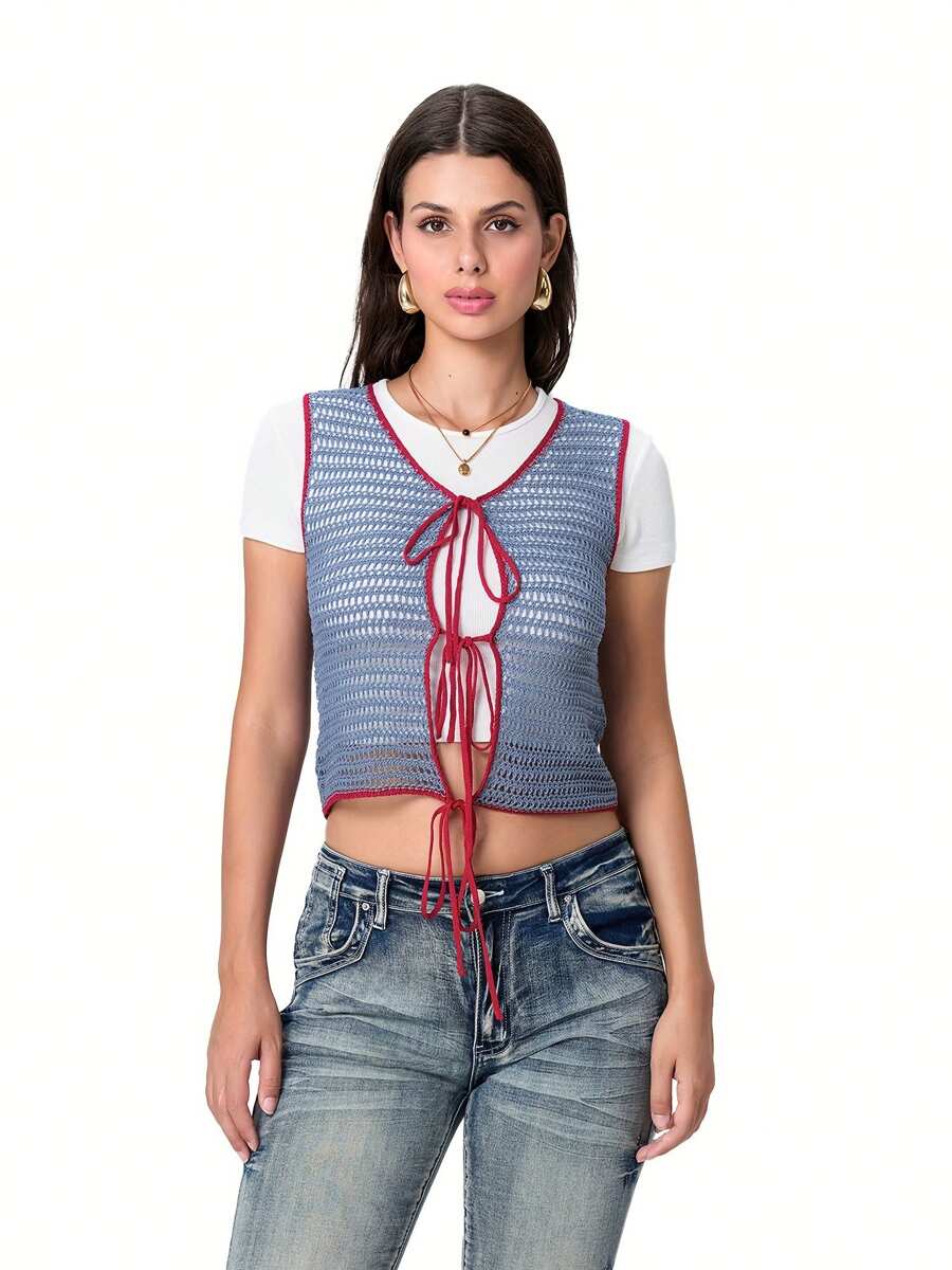Women Crochet Cutout Tank Tops Casual Summer Tie Front Basic Vest Sleeveless Shirt Aesthetic Clothes For Streetwear