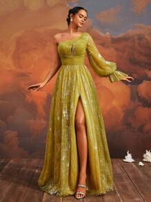 VIPGIRL Vestido de noche largo asimétrico para mujer con mangas de linterna y tejido de malla liso de VIPGIRL