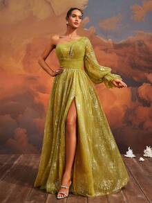 VIPGIRL Vestido de noche largo asimétrico para mujer con mangas de linterna y tejido de malla liso de VIPGIRL