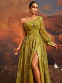 VIPGIRL Vestido de noche largo asimétrico para mujer con mangas de linterna y tejido de malla liso de VIPGIRL