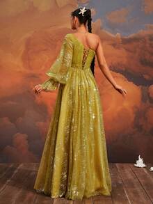 VIPGIRL Vestido de noche largo asimétrico para mujer con mangas de linterna y tejido de malla liso de VIPGIRL