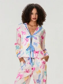 时尚女士可爱睡衣套装蝴蝶结印花荷叶边翻领 V 领系带上衣松紧腰长裤 2 件套春节 - 彩色 - 查看 1