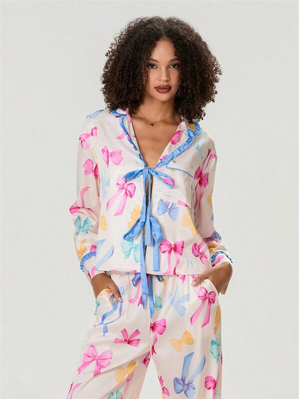 Fashion Women's Cute Pajama Set Bow Print Frill Trim Lapel V Neck Tie Up Tops Elastic Waist Long Pants 2 Pieces Set For Spring Festival