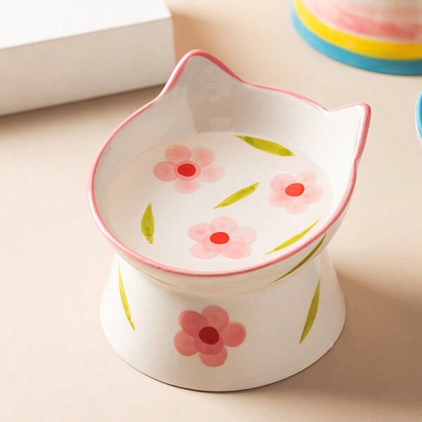 1pc Cute Cat Face Design Ceramic High Foot Pet Bowl, Anti-Tipping Slanted Rim Dog Cat Food Water Feeder