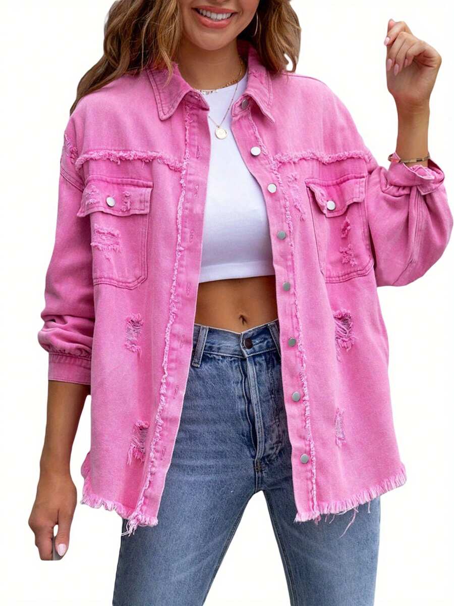 Women's Ripped Distressed Denim Jacket Long Sleeve Button Down Boyfriend Jean Coat Trucker Jacket - 粉色 - 查看 1