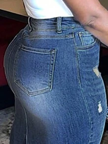 Women's Denim Skirt High Waist Raw Hem Pockets Stretch Bodycon Pencil Skirt Knee Length Jean Skirts - Medium Wash - View 5