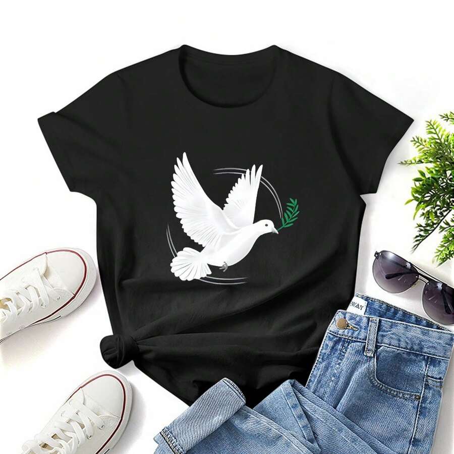 Peace Pigeon Print , Women T-Shirt, Round Neck Short Sleeve Woman Tee, Fashion And Casual, Comfy And Soft For All-Season Wear, Nice Gift