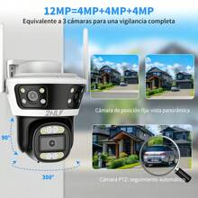 2NLF® Cámara de HD de 12 megapíxeles, 3 lentes, monitor móvil inteligente de 3 pantallas, audio bidireccional, visión nocturna a todo color iluminada, interior/exterior, resistente al agua con alarma, blanco negro | cámara de vigilancia, cámara | Ideal para hogares, oficinas, tiendas, jardines, garajes, almacenes | Manual en español incluido - Blanco - Ver 4