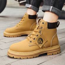 Heren Modieuze Klassieke PU Leren Laarzen, Nieuwe Casual Plus Size Laarzen, Hoge Top Veterschoenen Comfortabele Duurzame Casual Wandelschoenen, Trekkinglaarzen, Geschikt Voor Buitenactiviteiten Voor Mannen, Klassieke Kleurstelling, Duurzaam En Comfortabel, Dikke Zool, Geschikt Voor Alle Seizoenen
