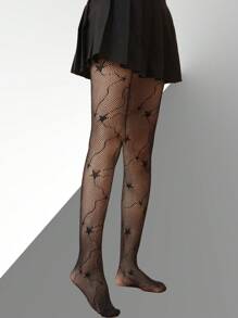 4 Black Five-Pointed Stars And Hearts Motif Women's Fishnet Stockings