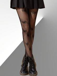 4 Black Five-Pointed Stars And Hearts Motif Women's Fishnet Stockings