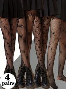 4 Black Five-Pointed Stars And Hearts Motif Women's Fishnet Stockings