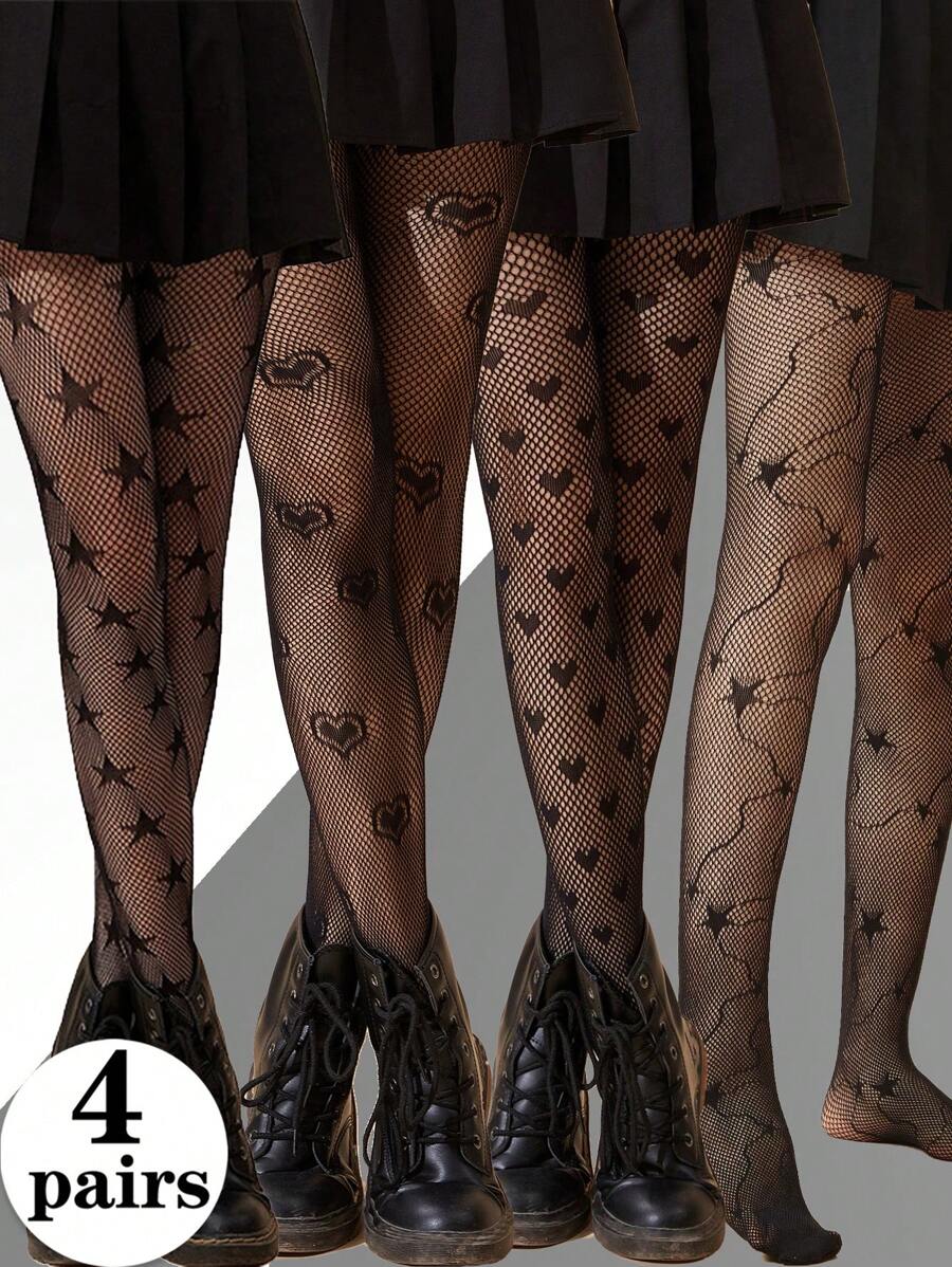 4 Black Five-Pointed Stars And Hearts Motif Women's Fishnet Stockings