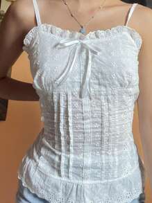 Women Slim-Fit Ruffle Camisole, Adults Sleeveless Solid Color Boat Neck Spaghetti Strap Pullover With Bow