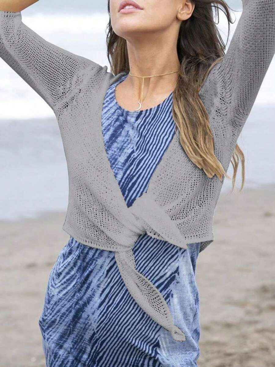 Women's Tie Front Shrug 3/4 Sleeve Bolero Sheer Knotted Lightweight Cardigan Sweaters Short Shawl Tops Christmas Gift & New Year Gift - 灰色 - 查看 1